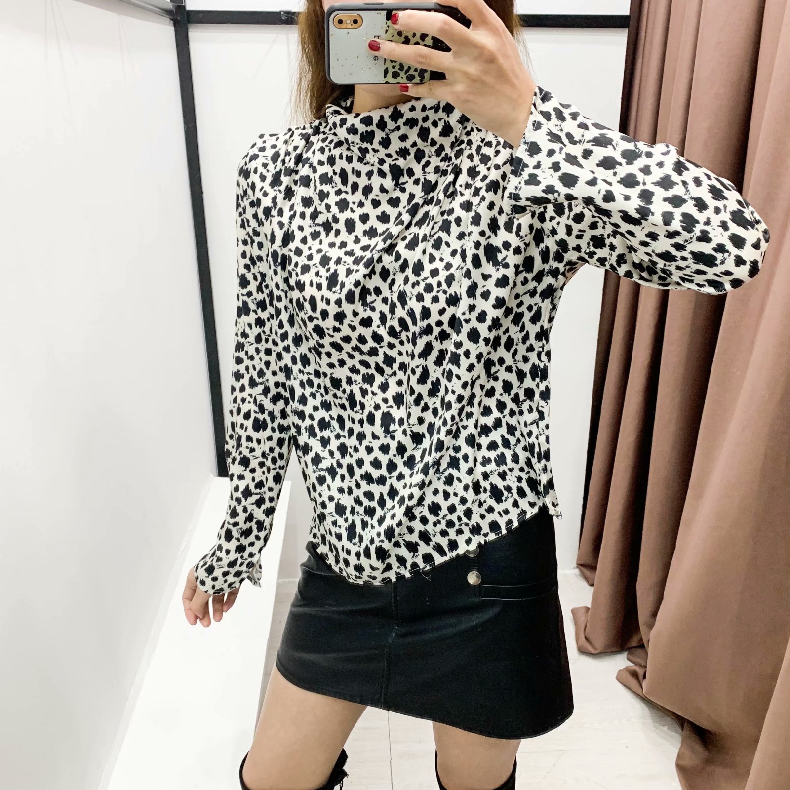  pleated decorative printed blouse shirt NSAM7594