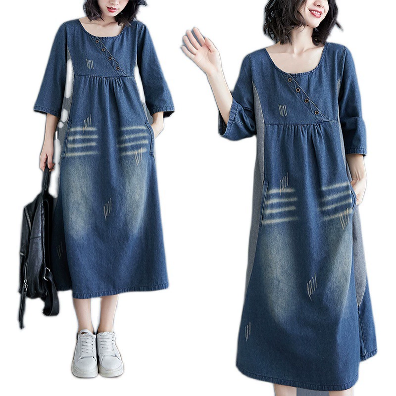 Retro long autumn denim dress, plus size, loose fit, mid-length, maxi length
