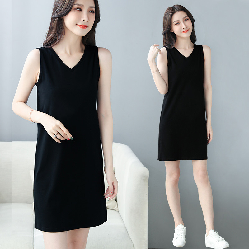 Black Sleeveless Dress New Summer 2022 Korean Style Women's Elegant Loose V-neck Knee-length Skirt