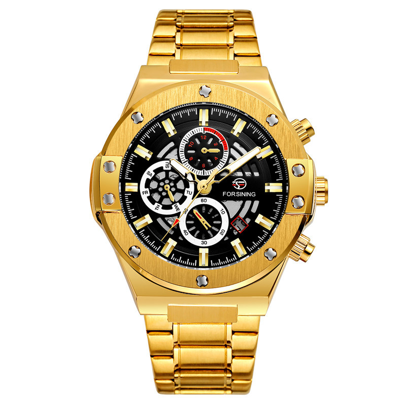FORSINING Fusini 6914 correa de acero de moda para hombre reloj mecánico automático reloj impermeable luminoso de seis pines