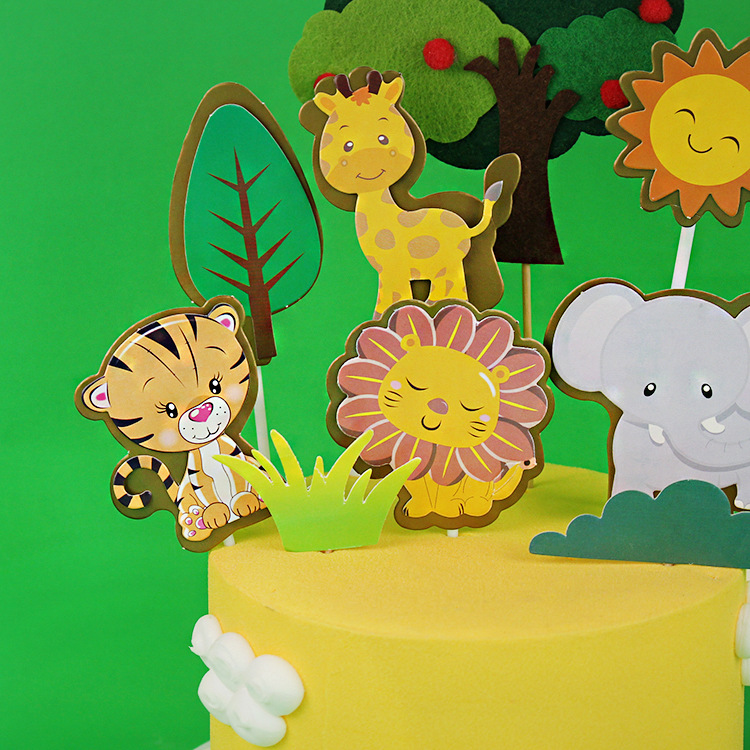 版权烘焙蛋糕装饰双层动物蛋糕插牌长颈鹿狮子大象甜品台生日插件详情3