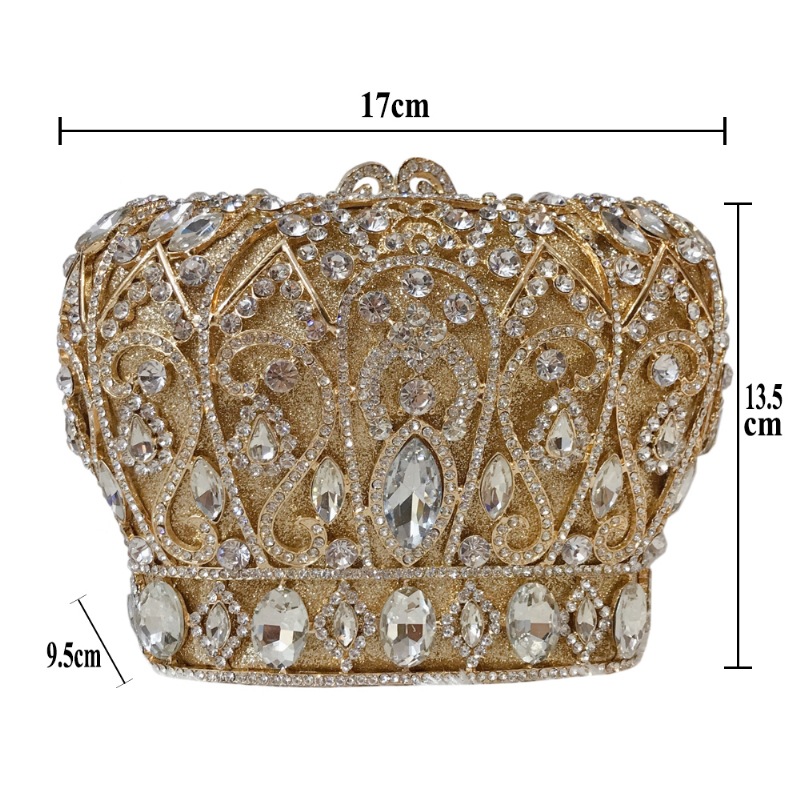 Túi xách tay dạ tiệc nạm pha lê hình vương miện, kiểu Âu Mỹ, kèm dây đeo chéo 17×9.5×13.5 cm — Màu xanh lam, Màu vàng, Màu bạc, Màu đỏ hoa hồng chi tiết 1