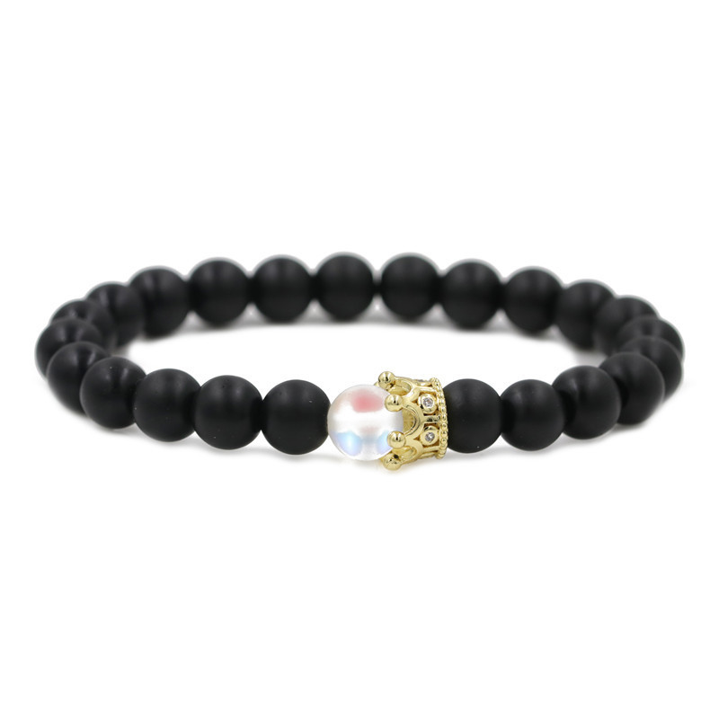 Matt Black Stone Agate Wood Crown Bracelet