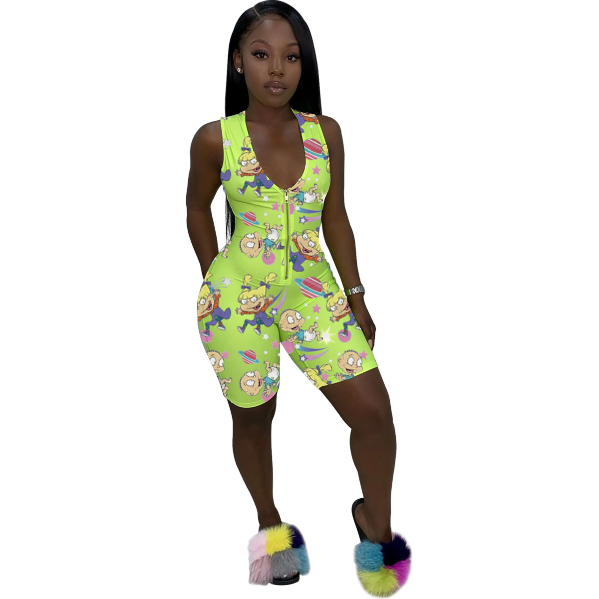 Casual Sports Zipper Sleeveless Cartoon Print Jumpsuit NSSJW58898