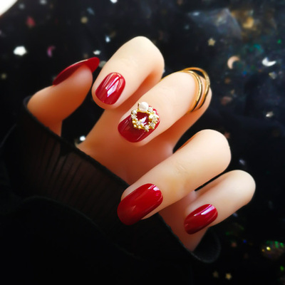 工厂直销秋冬季酒红色镶钻显白软甲片24片穿戴美甲成品假指甲贴片|ms