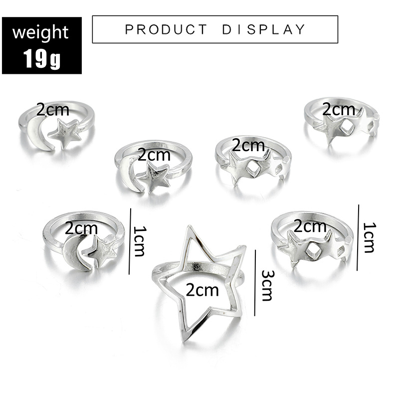 New Star Moon Ring 7 Piece Set Pentagram Open Joint Ring Set Wholesale display picture 1