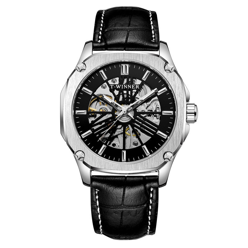 Ganador reloj mecánico automático para hombres moda hueco transparente volante correa de cuero reloj mecánico 8182