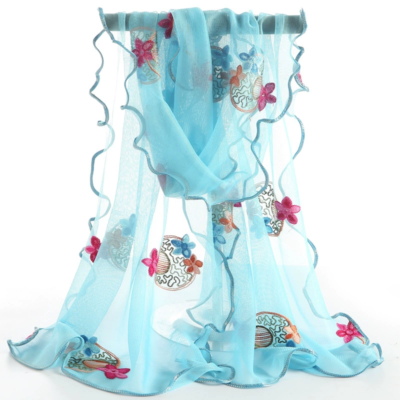 Demi-season long scarf, cloak, 2020, thin weaving, with embroidery, Korean style