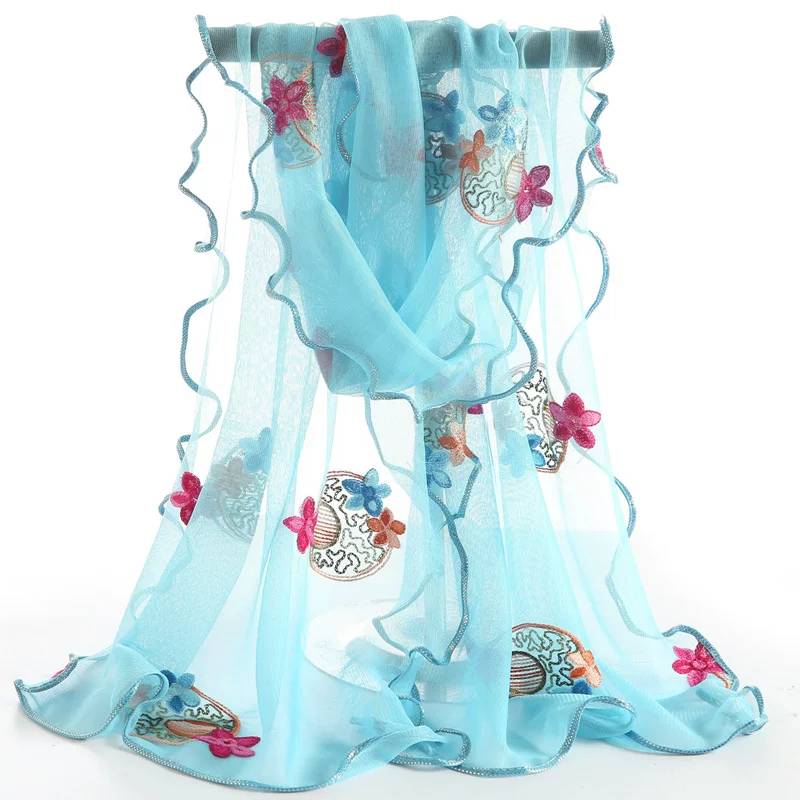 Demi-season long scarf, cloak, 2020, thin weaving, with embroidery, Korean style