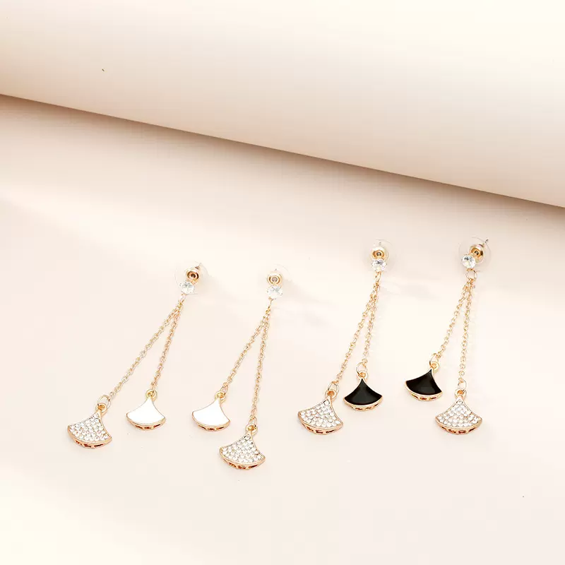 S925银针耳线韩国气质简约微镶满钻扇形耳钉甜美少女长款百搭耳环