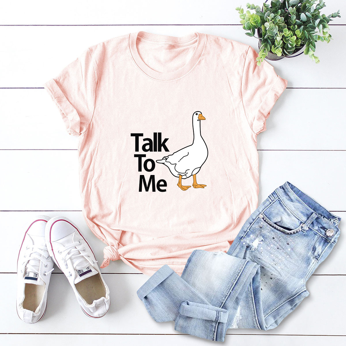 camiseta casual de manga corta con estampado de pato para mujer NSSN1790