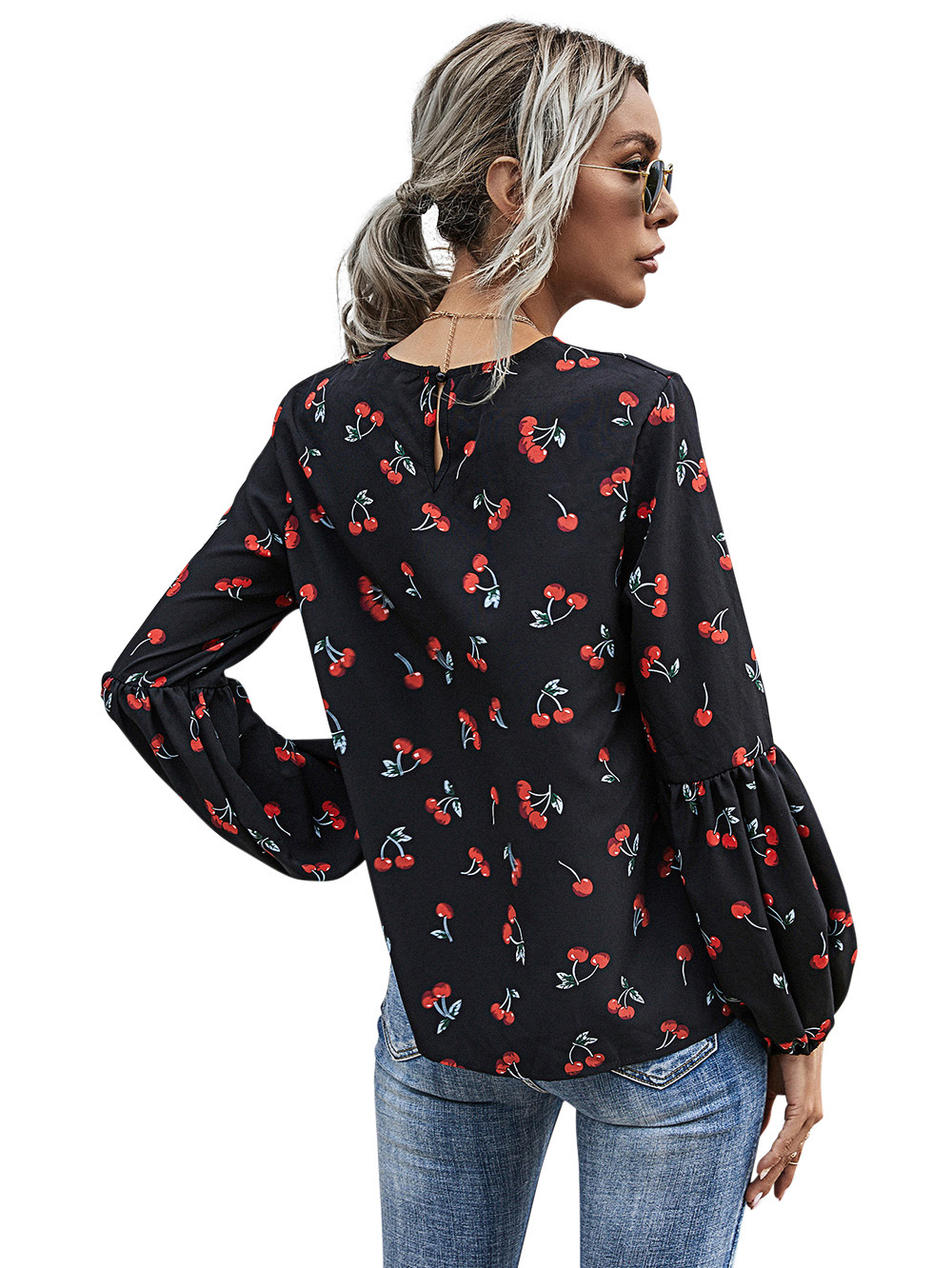 otoño mujer patrón de frutas cuello redondo casual manga larga top NSDF1588