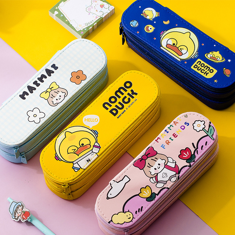 韩版网红小黄鸭卡通学生文具PU笔袋儿童大容量拉链双层创意铅笔盒|ru