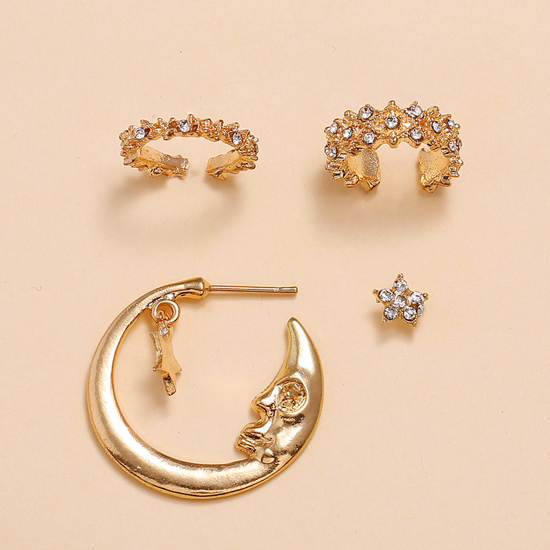 4 Pieces Retro Star Moon Alloy Plating Artificial Diamond Women's Earrings display picture 4