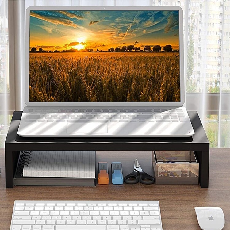Customized Hot-Selling Desktop Office Storage Wooden Computer Monitor Elevated Stand with Built-In Mobile Phone Holder for Wiring