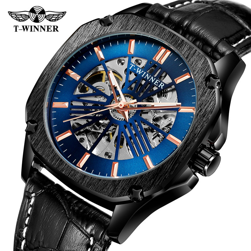 Ganador reloj mecánico automático para hombres moda hueco transparente volante correa de cuero reloj mecánico 8182
