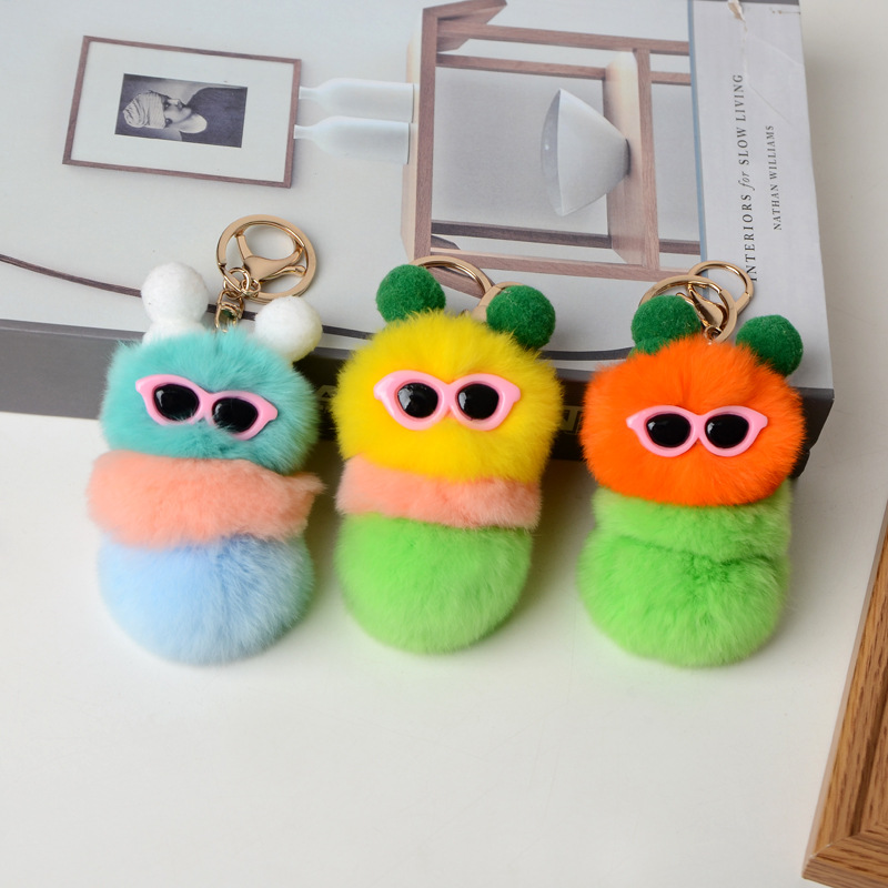 lovely Sugar treasure Rabbit Caterpillars leather and fur Pendant Doll automobile Keychain package Pendants originality gift