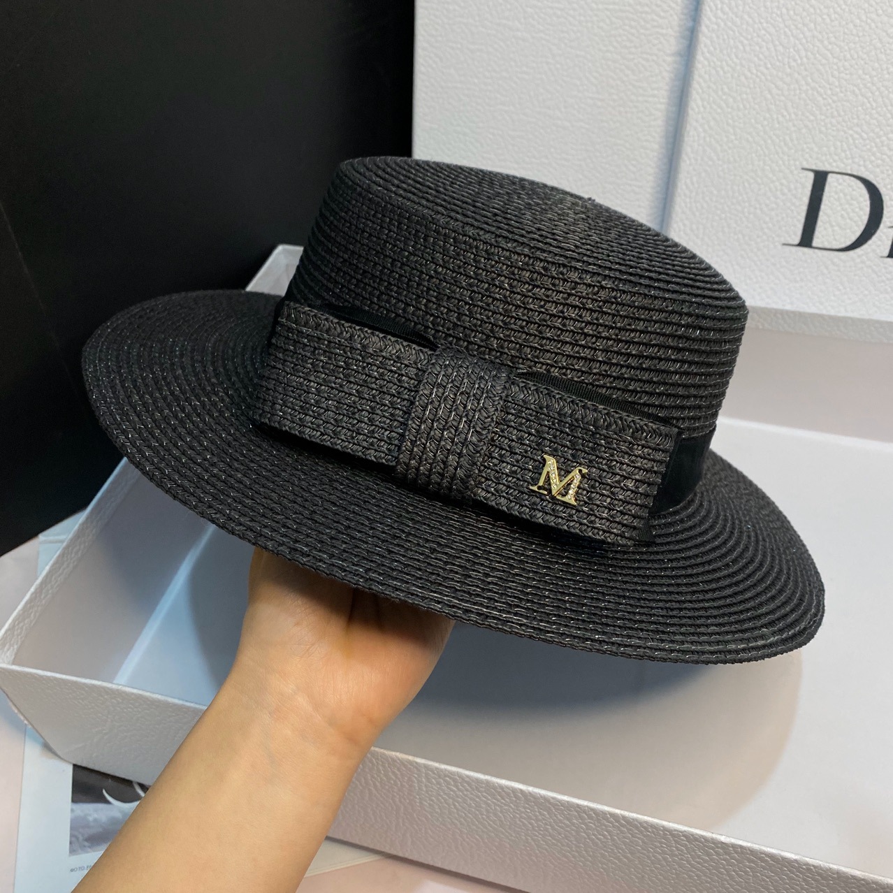 Japanese straw hat summer Dilraba style bow flat top sun hat, wide-brimmed sun hat for outings and sun protection detail image 10