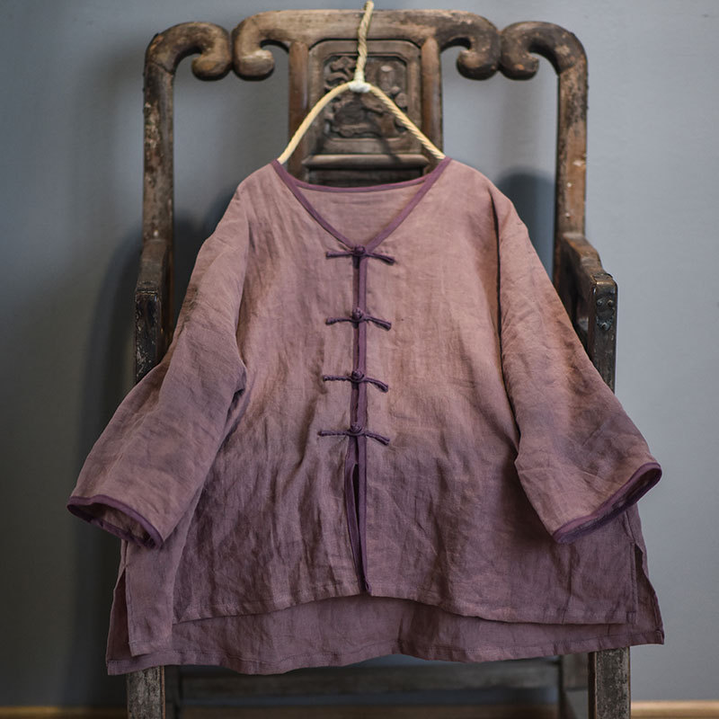 Red Bean/Original Linen Women's Clothing Handmade Stitch Button Blouse Artistic Retro Cardigan Casual Shirt Short Outer