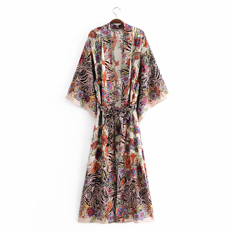 rayon water printing belt kimono dress NSAM11243