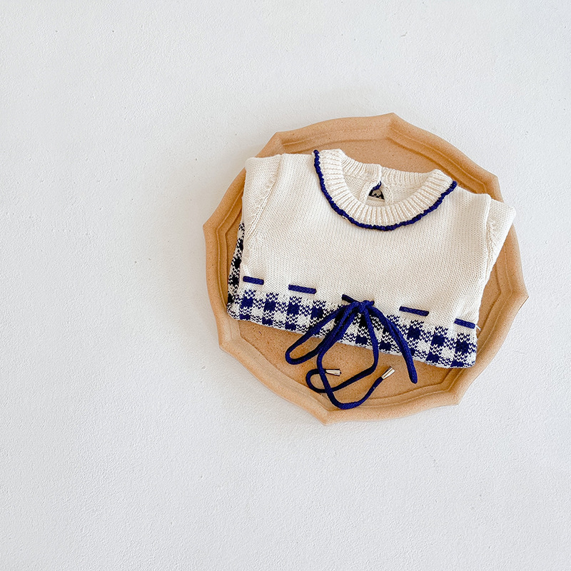 Instagram Primavera e Autunno Abbigliamento Bambina Neonata Tuta in Maglia a Quadri Borsa Farewell Sweetheart Triangolo_voghion.com