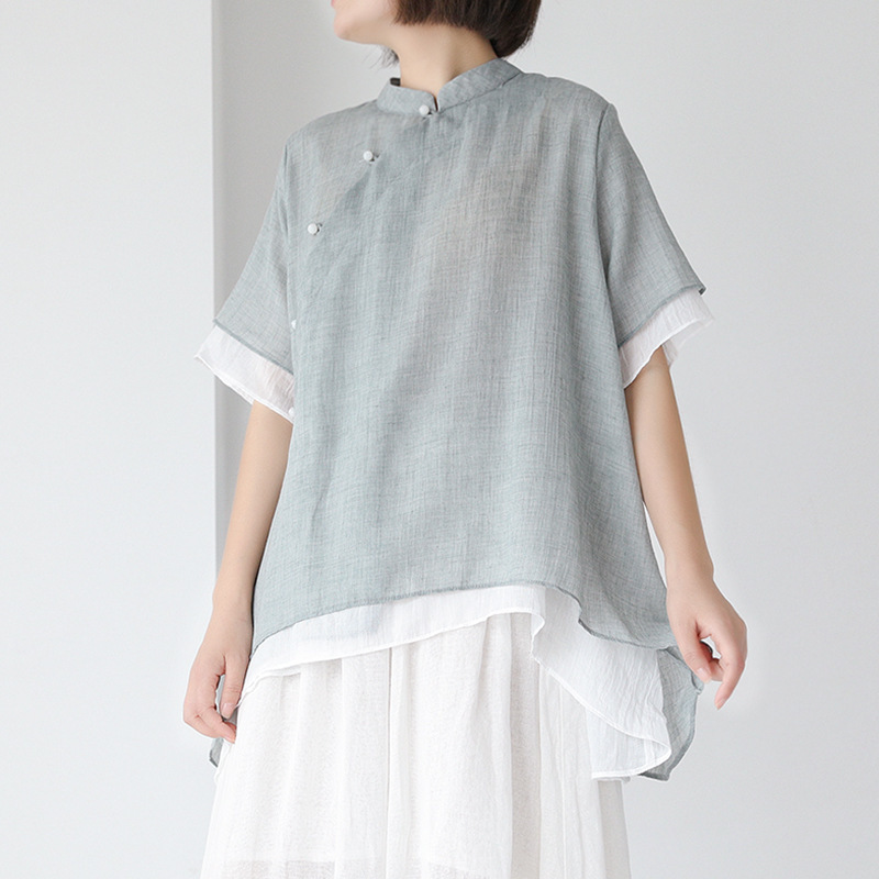 303-1836 Classical Literary Double Elegant Shirt Spring New Women's Oblique Pearl Buckle Temperament Top