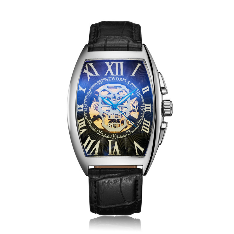 Sewor siwoqi reloj mecánico automático de los hombres hueco cráneo transparente Correa inferior reloj automático
