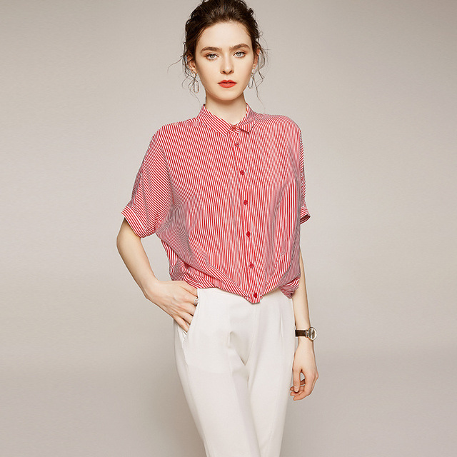 Fashionable summer elegant temperament silk cardigan Lapel straight tube women’s shirt