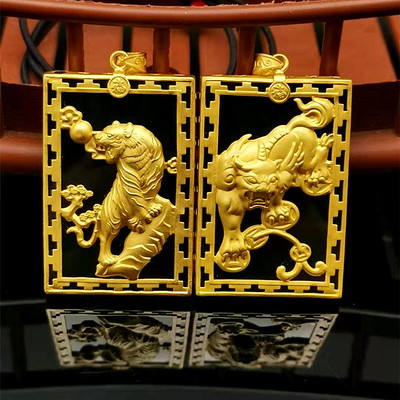 古法银貔貅吊坠 银鎏金镶和田墨玉老虎挂坠男 方牌生肖虎项链批发