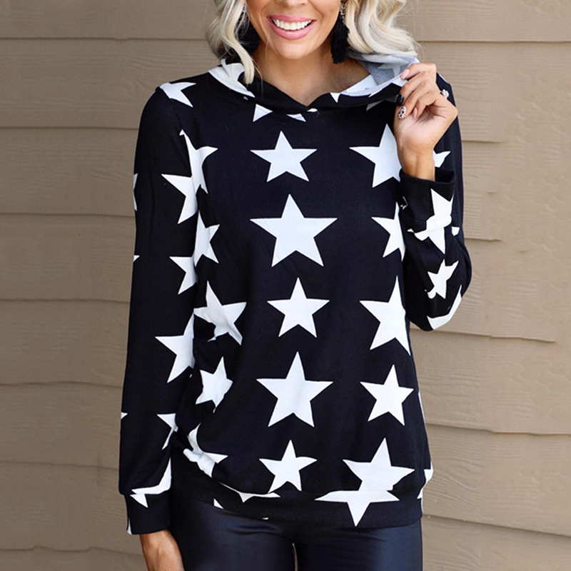 five-pointed star print hooded long-sleeved loose sweatershirt NSZH18577