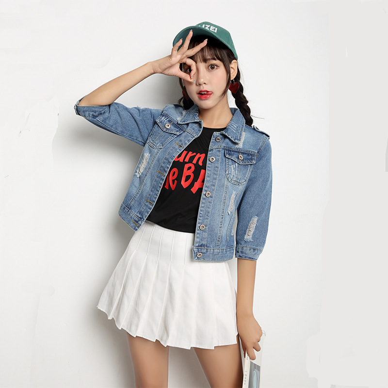 牛仔外套女短款修身韓版潮百搭七分袖春秋牛仔服長袖上衣破洞大碼