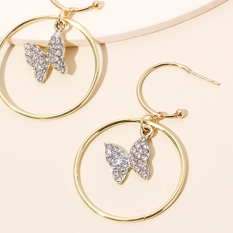 8g Weight Earrings Classification Wedding, Travel Occasion Butterfly Pattern Women'S Gender Gold Color Fashion Diamond-studded Geometric Big Circle Earrings Butterfly Pendant Rhinestone Earrings Wholesale Nihaojewelry 3