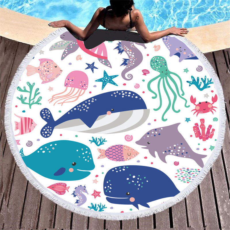 Deep sea jellyfish lobster turtle digital printing microfiber round beach towel tassel wholesale to map custom