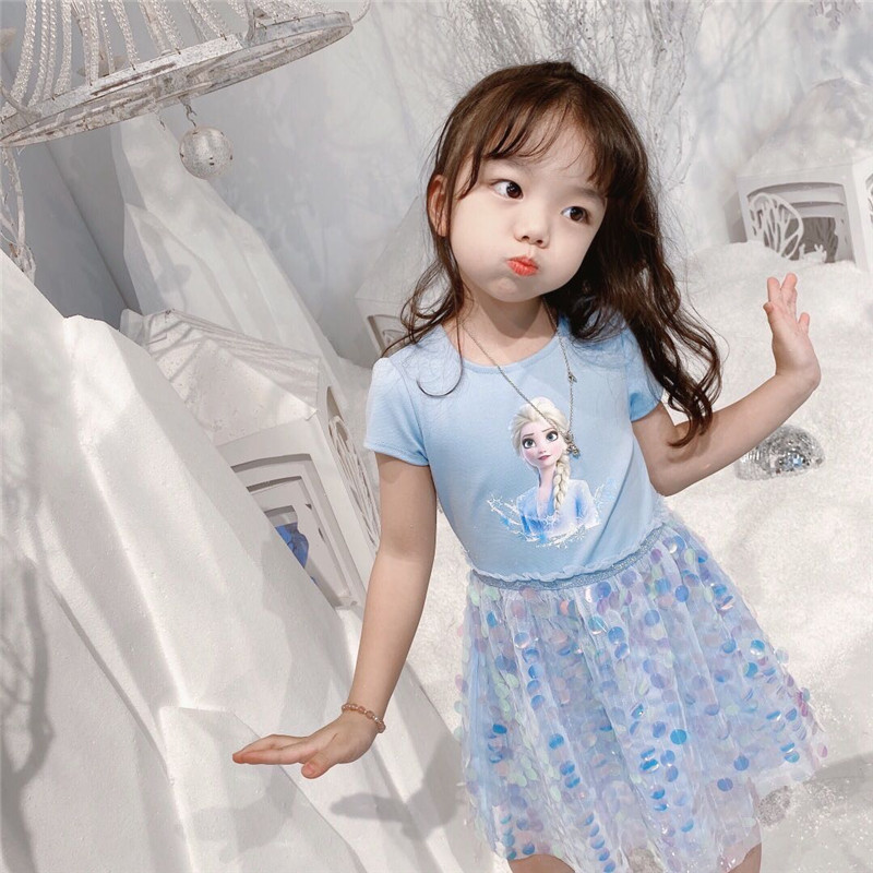 2020 new pattern Snow Romance Princess Dress girl Dress Little Girl children Aisha Short sleeved skirt Western style