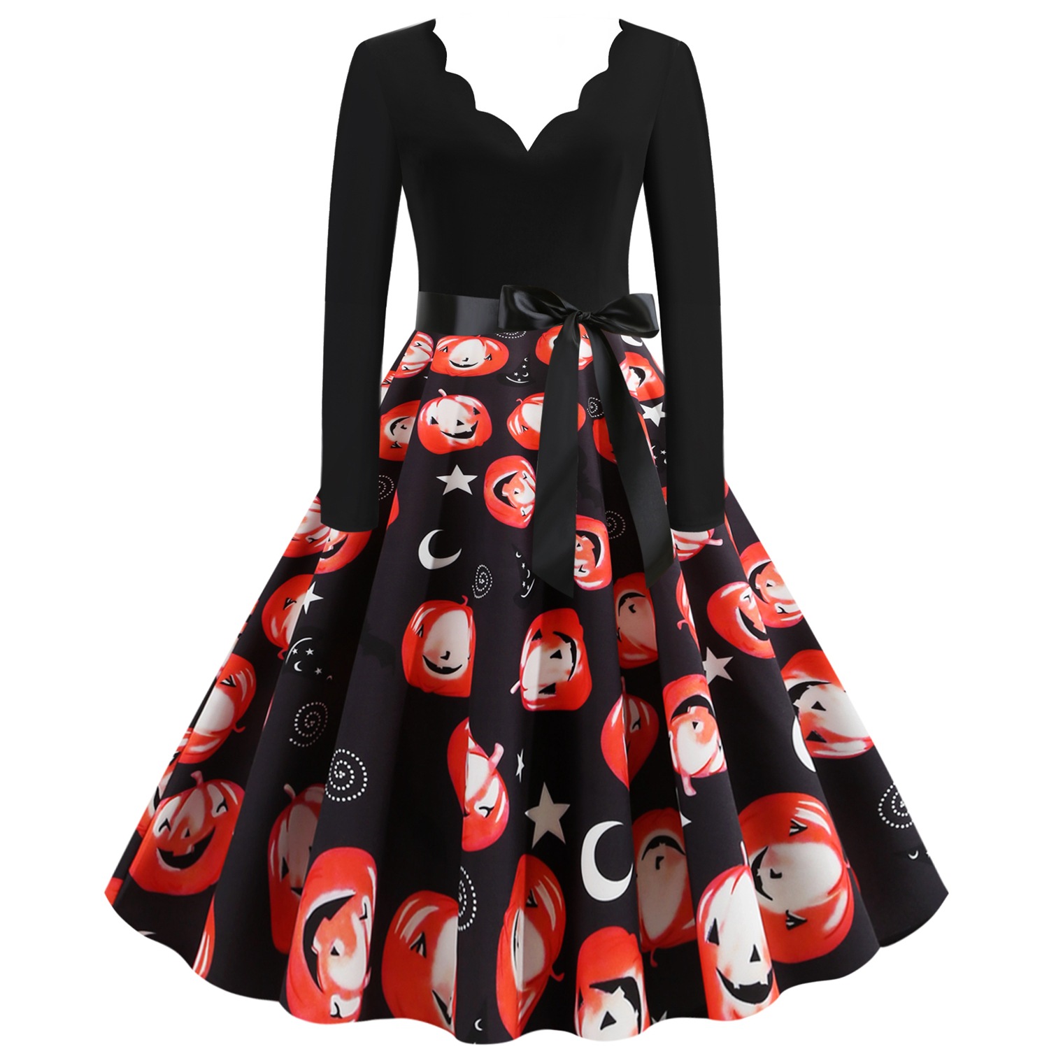 Women s Wavy V-neck Long Sleeve Stitching Pumpkin Printed Dress nihaostyles wholesale halloween costumes NSSAP78594