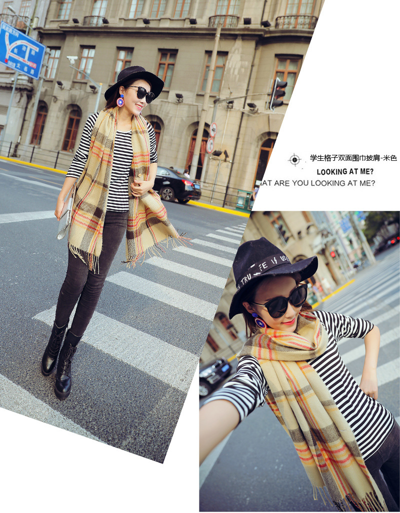 学生纽扣格子双面披肩-6人y