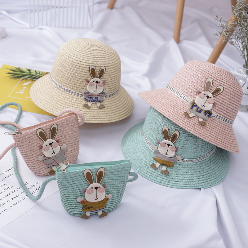 2020新款小兔夏季儿童草帽包包套装可爱宝宝户外遮阳帽女童沙滩帽