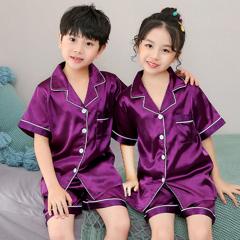 (2개) 2020 소년과 소녀를위한 반팔 잠옷 솔리드 컬러 모조 실크 카디건 옷깃 아동복 캐주얼 실크 정장