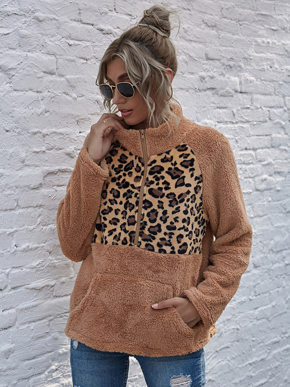  leopard print stitching long-sleeved plush jacket  NSDF5195