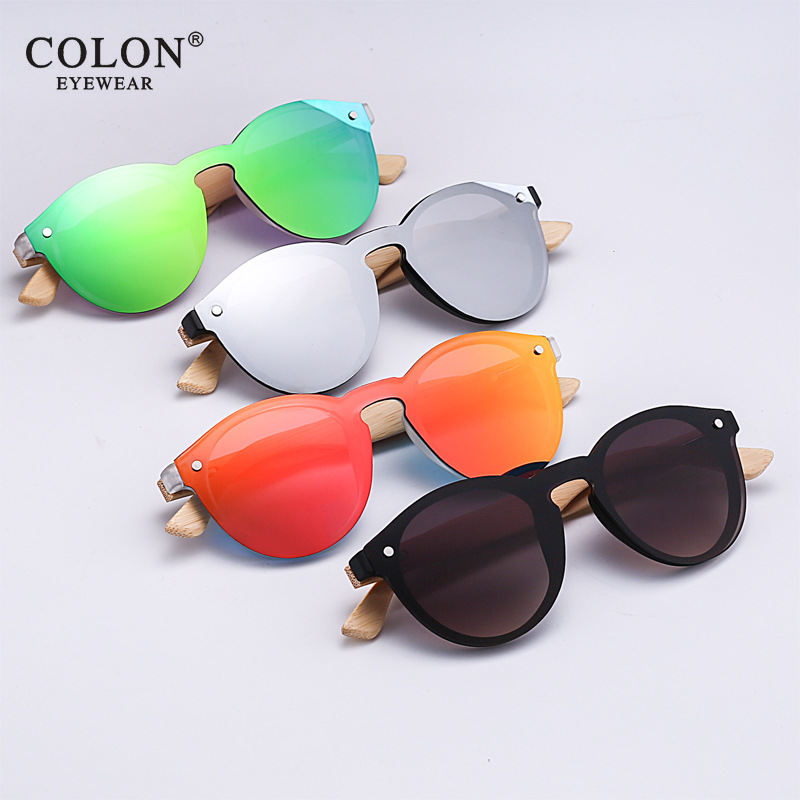 无框炫彩竹木太阳镜彩膜木头圆形墨镜圆形时尚复古竹男女眼镜
