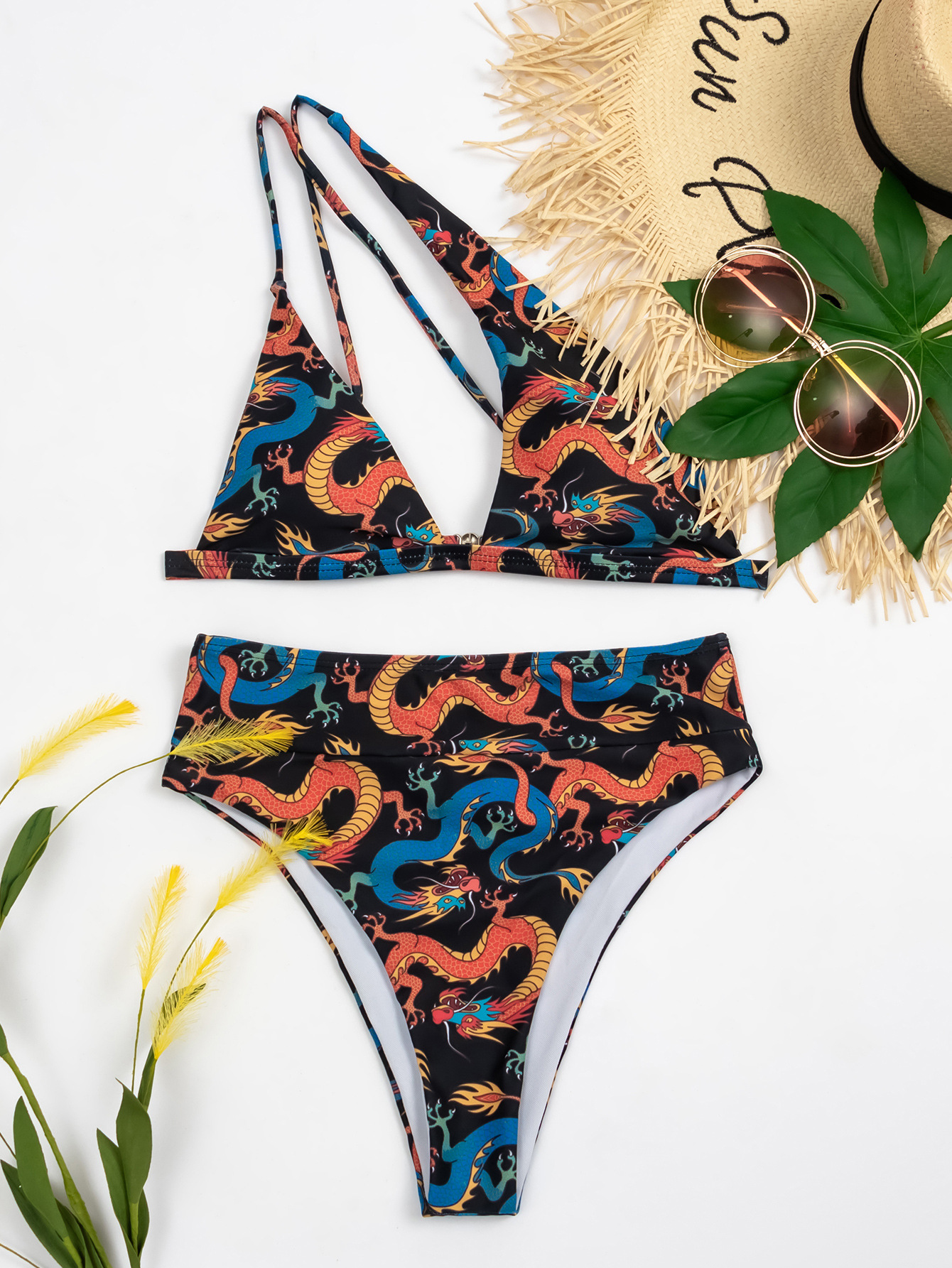 retro dragon print triangle gathered bikini  NSZO19505