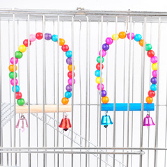 Wooden Parrot Rainbow Bell Swing Stand for Birds, Colorful Solid Wood Bead Arch Bridge Swing Parrot Bird Supplies
