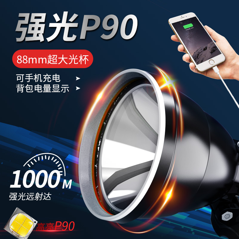 跨境P90强光USB充电大光杯LED聚光远射充电宝款头灯