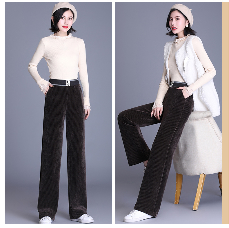 straight-leg elastic elastic waist high waist corduroy casual pants  NSYY9925