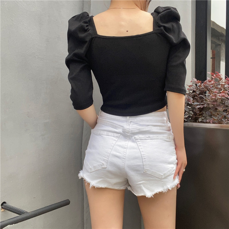 Square neck summer new puff sleeve slim-fitting t-shirt NSMEI55108