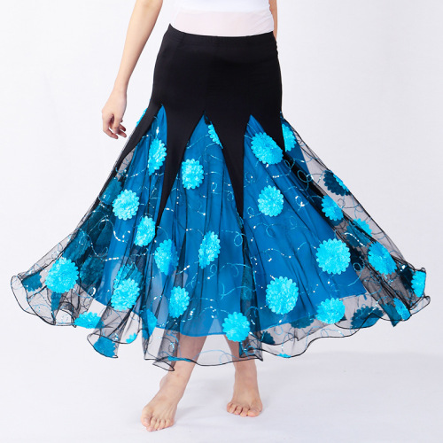 Pink blue yellow red flowers Modern ballroom dance skirt for women girls large swing skirt flower sequins waltz tango practice national standard dance long skirt