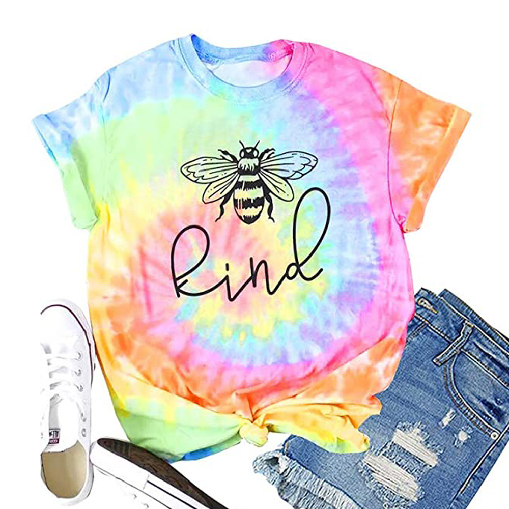 2020 Amazon Cross-border Explosion Ladies Blouse Tie Dye Bee Kind Letters Printed Men's Short-sleeved T-shirt