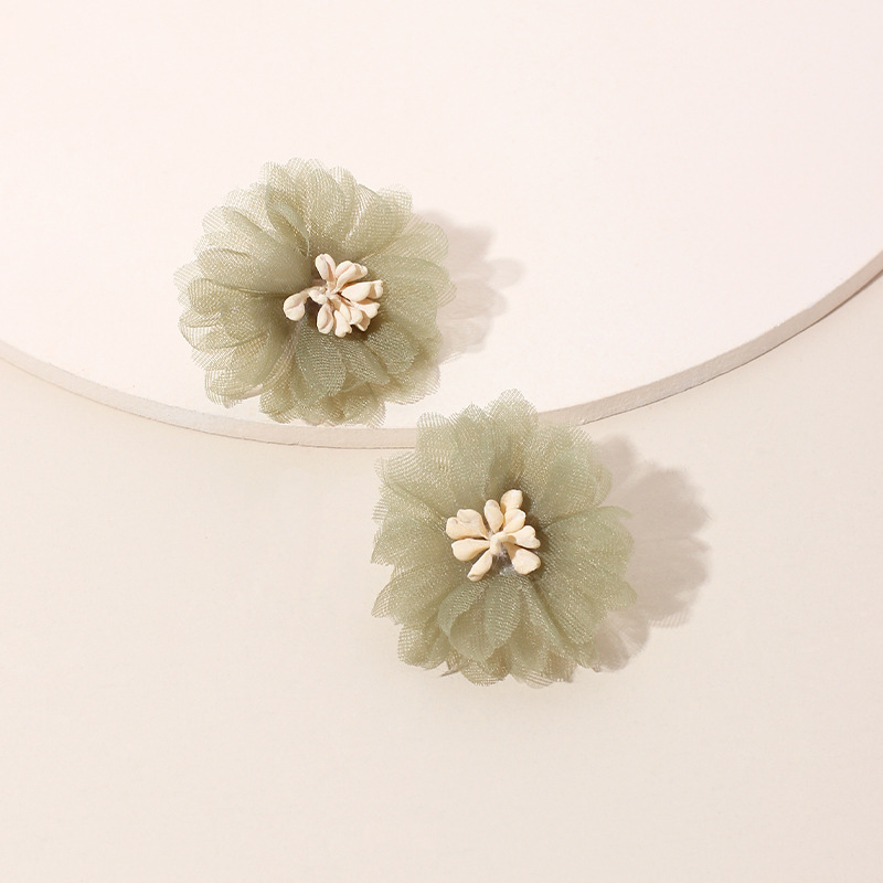 3g Weight Earrings Classification Housewarming, Anniversary, Business, Wedding, Travel, Birthday, Festival Occasion Chiffon Material Flower Pattern Women'S Gender Simple Style Style Purple, Green Color Korea Three-dimensional Mesh Chiffon Flower Retro Port Style Purple Earrings Wholesale 8