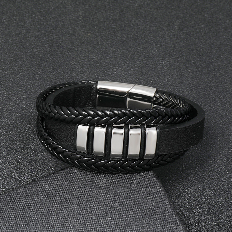 all-match menu0027s leather stainless steel woven punk PU bracelet