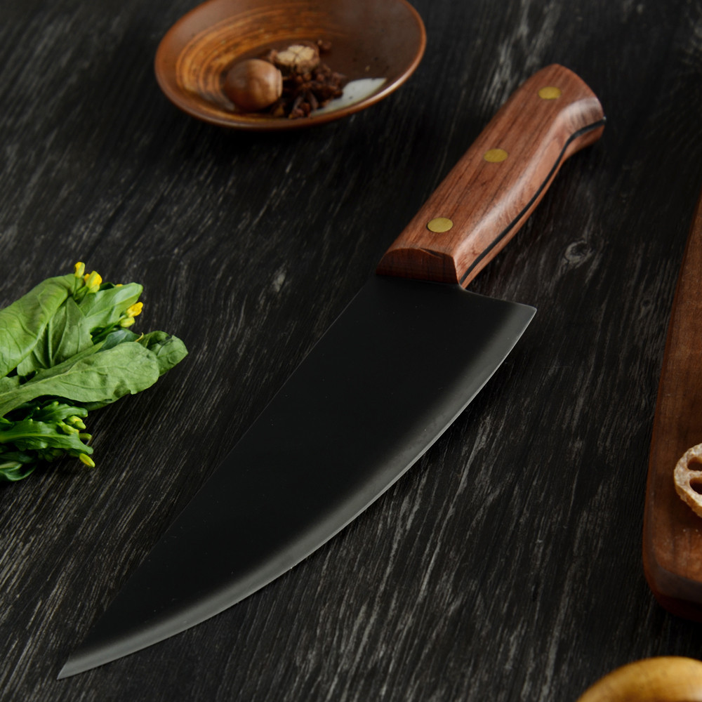 棕色彩木手柄中式厨师刀 黑色不锈钢厨房家用切菜切片切肉多用刀